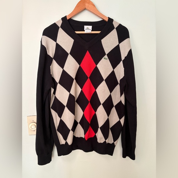 LACOSTE Mens Argyle Diamond Black Red Sweater. 5 - Picture 11 of 11